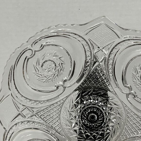 Vtg US Glass Buzz Saw in Parenthesis Victoria Daisy & Scroll Clear Plate 10.5” - Picture 2 of 5